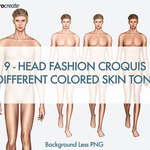 Male Fashion Croquis Templates, Runway Pose, 3 Different Colored Skin Tones, 9-Head Fashion Figure