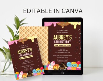 Uitnodiging voor verjaardagsfeestje IJs | CANVA bewerkbare digitale download | Sjabloon voor directe toegang | Uitnodiging zomerfeestje voor kinderen