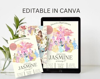 Bewerkbare prinses verjaardagsuitnodiging | Sjabloon Royal Party-uitnodiging | Canva bewerkbare digitale download | Meisjes uitnodiging roze kasteelthema