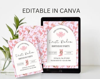 Eerste rodeo verjaardagsuitnodiging meisje • Roze cowgirl 1e verjaardagsuitnodiging • Western rodeofeest afdrukbaar • Bewerkbare digitale sjabloon