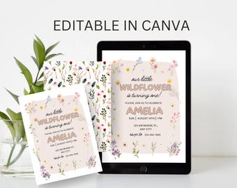 Wildflower verjaardagsuitnodiging meisje | Bewerkbare eerste verjaardagsuitnodiging | 1e verjaardag canvassjabloon | Direct downloaden