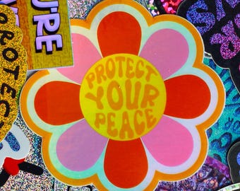 Pegatina holográfica "Protege tu paz": símbolo de la paz, regalos, estética hippie, pegatinas de flores, pegatinas para cuadernos, papelería bonita