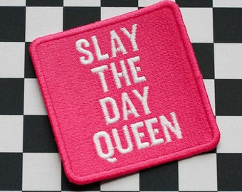 Slay The Day Queen funny embroidered patch trucker hat patches vest iron on sewing embroidery positive vibes hot pink women empowered