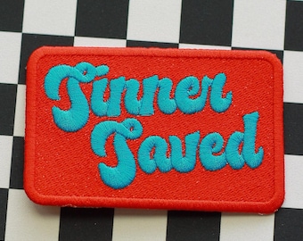 Parche bordado «Pecador salvado» - Parches cristianos, parche para gorra de camionero, regalos con versículos bíblicos, atuendo para la iglesia, Jesucristo, regalos con versículos de la Biblia