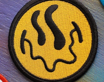 Trippy Smiley Face embroidered trucker hat patches embroidery gifts backpack cute emoji sew iron hats yellow hobby crafts birthday craft