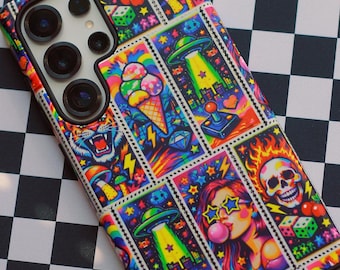 Retro Phone Case, Cute Phone Accessories, Maximalist Rainbow, Comic Book Theme, Apple Iphone Case, Samsung Phone Case, Neon Stamps, Alien