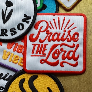 Embroidered Patch | Praise The Lord (Cherry) | iron-on vest sew on patches faith pastor preacher jesus christ bible church on sale revival