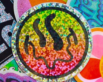 Pegatina emoticono de boca derretida, holográfica, brillante, arcoíris, colorida, para portátil, psicodélica, alucinante, en oferta