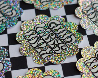 Adesivo glitterato / Solo buone vibrazioni / adesivi psichedelici olografici lucidi e brillanti arcobaleno colorati per notebook e laptop, con fiori e citazioni smerlate