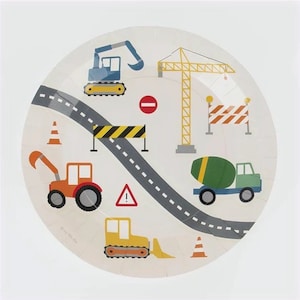 Piatto di carta per feste di costruzione di escavatori, gru e camion