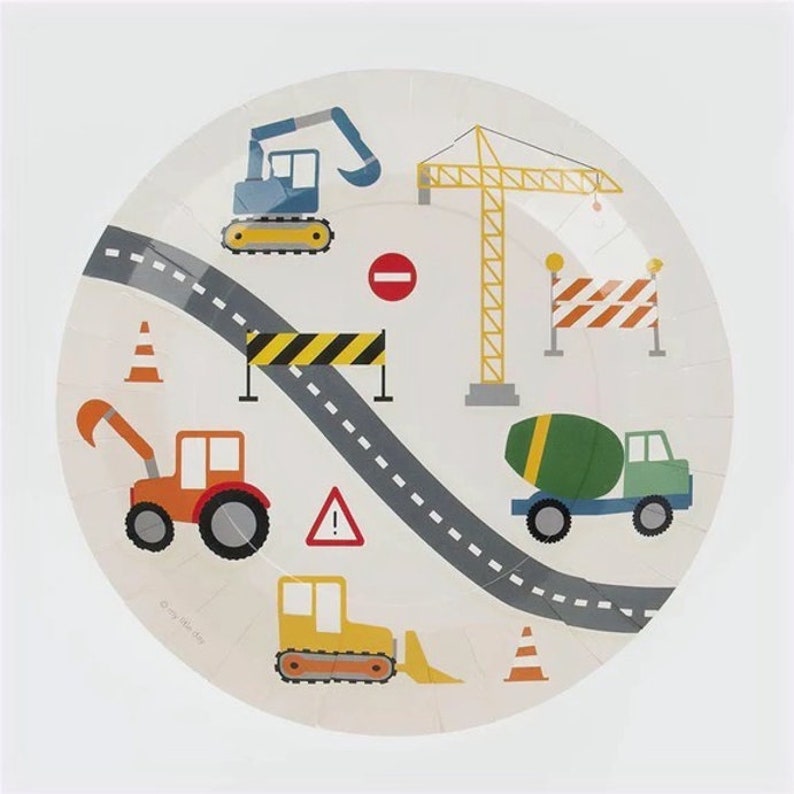 May include: Construction themed paper plates with a white background and colorful illustrations of construction vehicles, including a crane, bulldozer, cement mixer, and excavator. The plates feature a road with dashed lines and traffic signs.