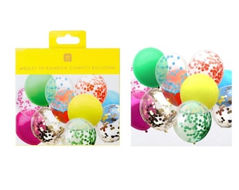 May include: A package labeled Medley of Rainbow Confetti Balloons containing a variety of colorful balloons. The set includes solid green, yellow, and pink balloons alongside clear balloons filled with multi-colored confetti dots in various hues.