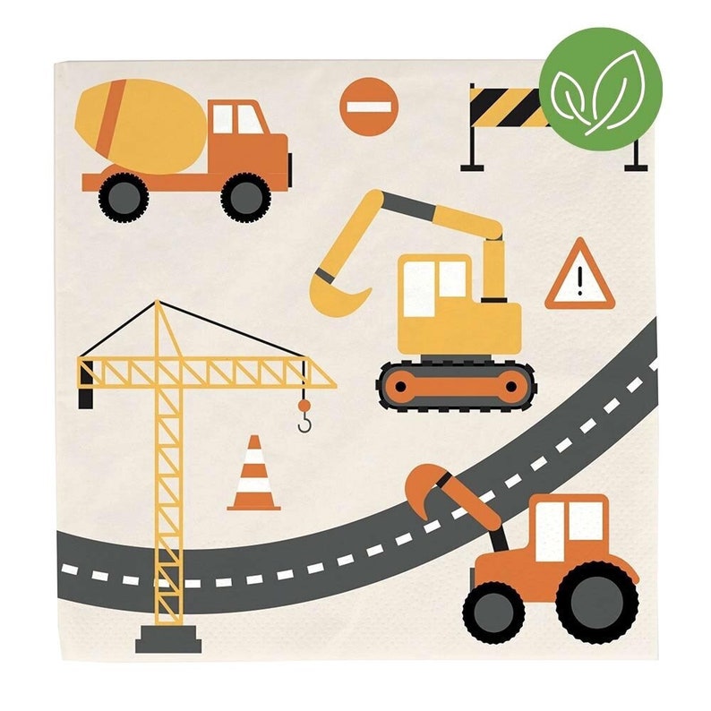 Serviettes en papier pour Fête de la construction, pelles, camions et grues image 1