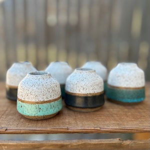 Bud Vase: hand thrown ceramic mini bud vase in white and black, white and seafoam or white and turquoise