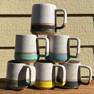 Coffee mug: hand thrown ceramic coffee mug in white and black, seafoam, yellow, turquoise or dark blue, or light blue