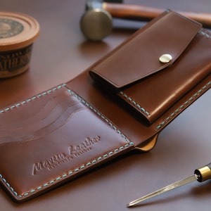 Cartera hecha a mano, cuero Veg Tan, Moneda, Tarjeta