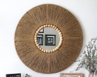 Grand miroir en jute, miroir mural en jute, cadeau fête des mères, cadeau déco de chambre à coucher, miroir bohème, expédition rapide (1-3 jours) décoration de salon