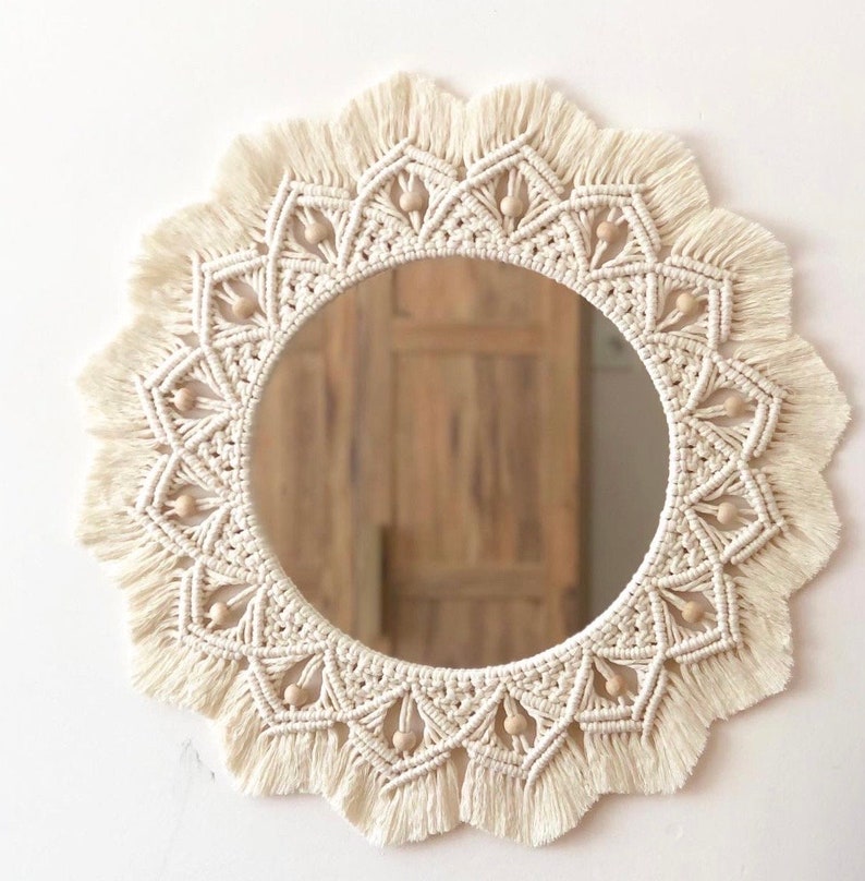 Beads with Macrame Mirror, Wall Decor, Housewarming Gift, Mother's Day Gift, Nursery Mirror, Boho Mirror, Wood Beads, Gift for her, Natural Mirror
