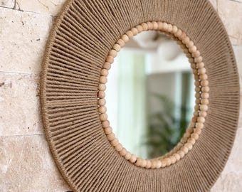 Large Mirror, Jute Mirror, Beads Jute Mirror, Jute Wall Hanging Mirror, Bedroom Decor Gift, Boho Mirror, Living Room Decor, Entryway Mirror