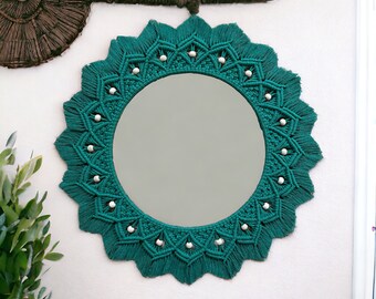 Groene macraméspiegel, grote spiegel, macramé-muurhangspiegel, kinderkamerkunst, kinderkamermuurdecor, woonkamerdecor, housewarmingcadeau