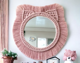 Nursery Wall Art, Macrame Mirror, Nursery Decor, Pink Mirror,  Macrame Wall Hanging, Nursery Mirror, Macrame Wall Hanging, Round Mirror
