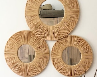 Natural Raffia Paper Mirror, Raffia Wall Hanging Mirror, Nursery Mirror, Mother's Day Gift, Nursery Wall Decor, Living Room Decor, Boho