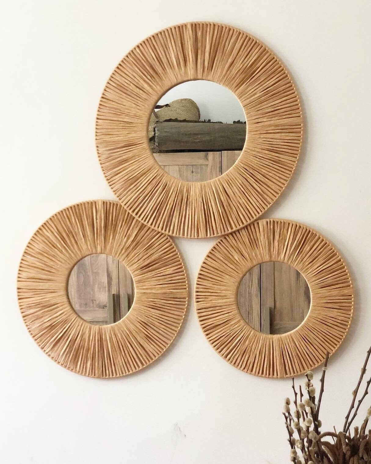 Miroir En Papier Raphia Naturel, Miroir Suspendu Raphia, Pour Chambre D'enfant, Bohème Suspendu, Cadeau De Noël, Décoration Salon