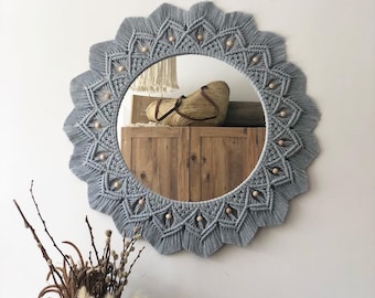 Grey Macrame Mirror, Wall Hanging Decor, Nursery Wall Art, Living Room Decoration, Housewarming Gift, Christmas,