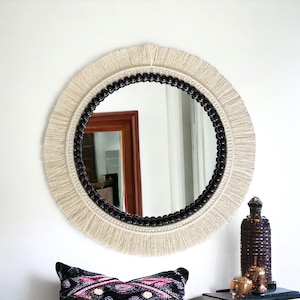 Beads with Macrame Mirror, Large Mirror, Black Beads Mirror, Nursery Wall Decor, Home Decor, Gift for her, Housewarming Gift, Macrame Mirror