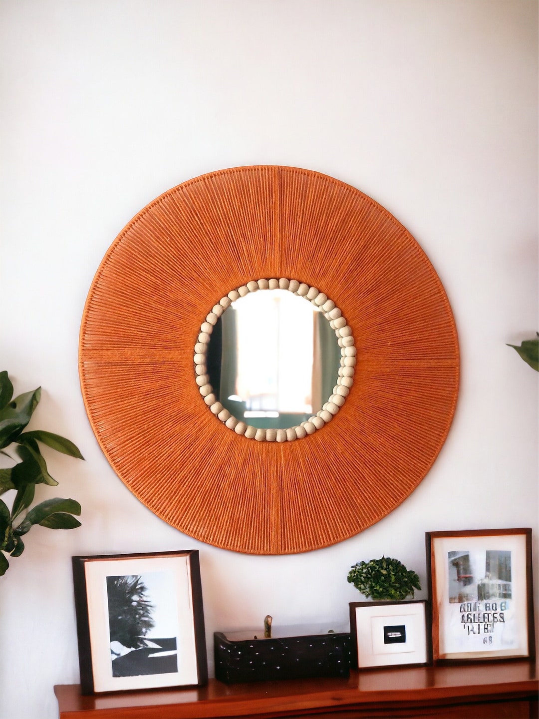 Orange Retro Mirror, Mid Century Modern, Jute Wall Hanging Mirror