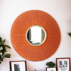 Orange Retro Mirror, Mid Century Modern, Jute Wall Hanging Mirror, Bedroom Decor Gift, Halloween Decor, Living Room, Housewarming Gift