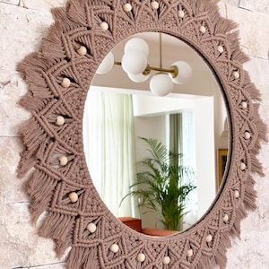 Latte Macrame Mirror, Macrame Wall Hanging Mirror, Nursery Mirror, Christmas Gift, Boho Mirror, Home Decor, Macrame Mirror, Boho Decor