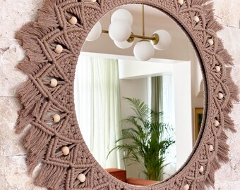 Latte Macramé-spiegel, macramé-muurhangspiegel, kinderkamerspiegel, kerstcadeau, bohospiegel, woondecoratie, macraméspiegel, bohodecor