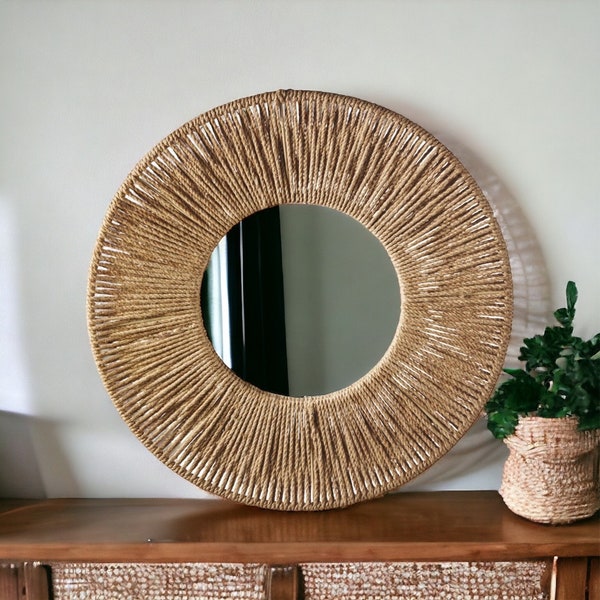 Large jute Mirror, Jute Wall Hanging Mirror, Mother's Day Gift, Bedroom Decor Gift, Boho Mirror, Fast Shipping (1-3 Days) Living Room Decor