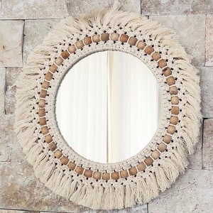 Large Macrame Mirror, Boho Wall Art, Beads with Macrame Mirror, Macrame Wall Hanging, Nursery Decor, Living Room Decor, Nursery Wall Art