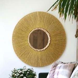 Mustard Jute Mirror, Jute Wall Hanging Mirror, Bedroom Decor Gift, Christmas Gift, Boho Mirror, Fast Shipping, Living Room Decor