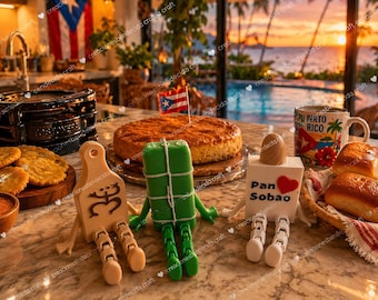 Articulated Puerto Rican Cultural Decor Set | Pilón, Greca, Caldero, Pan Sobao Souvenir