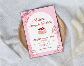 Berry 1st Birthday Invitation - Digital Download with Customisable Canva Link, 1st birthday, invitation, party