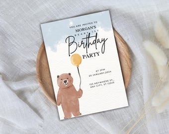 Beary 1st Birthday Invitation - Digital Download with Customisable Canva Link, 1st birthday, invitation, party