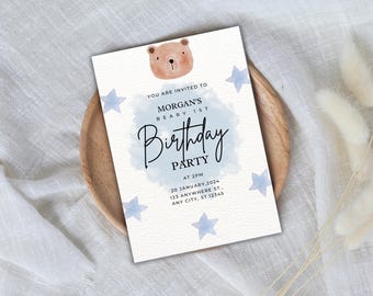 Beary 1st Birthday Invitation - Digital Download with Customisable Canva Link, 1st birthday, invitation, party