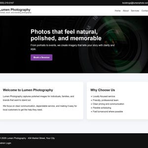 May include: Website design for Lumen Photography, featuring a large camera lens image. The site promotes portrait, event, and branding photography. Text includes "Photos that feel natural, polished, and memorable."