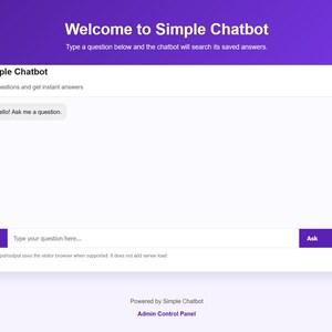 Può includere: Schermata dell'interfaccia di Simple Chatbot. Il banner in alto recita "Welcome to Simple Chatbot". La sezione principale presenta un campo di immissione del testo e un pulsante con l'etichetta "Ask". L'interfaccia del chatbot è su sfondo bianco.