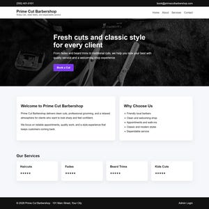 Può includere: Screenshot del sito web di Prime Cut Barbershop. Il sito presenta un'intestazione scura con informazioni di contatto e collegamenti di navigazione. La sezione principale evidenzia "Tagli freschi e stile classico". Servizi: tagli di capelli, sfumature, rifiniture barba e tagli per bambini.