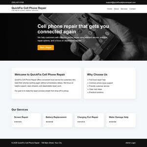 Può includere: Sito web di QuickFix Cell Phone Repair, che offre riparazione dello schermo, sostituzione della batteria, riparazione della porta di ricarica e assistenza per danni causati dall'acqua. Il sito presenta un'immagine in bianco e nero di una mano che tiene un telefono, con il testo "Cell phone repair that gets you connected again."