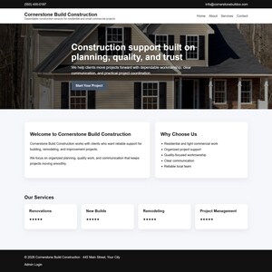 Può includere: Screenshot del sito web di Cornerstone Build Construction. L'immagine principale mostra una casa e il testo: "Construction support built on planning, quality, and trust." Il sito offre servizi di costruzione e ristrutturazione.