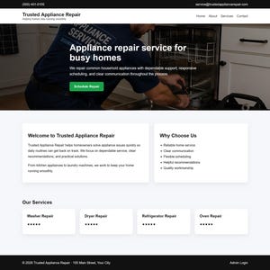 Può includere: Screenshot del sito web di Trusted Appliance Repair, un servizio di riparazione di elettrodomestici. Il sito presenta informazioni di contatto, una foto di un tecnico e sezioni sui servizi come la riparazione di lavatrici, asciugatrici e forni.