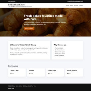 Può includere: Sito web di Golden Whisk Bakery, con un'intestazione contenente informazioni di contatto e navigazione. L'immagine principale presenta croissant appena sfornati. Il sito evidenzia servizi come torte personalizzate e pasticceria.
