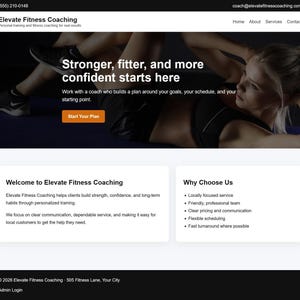 May include: Website for Elevate Fitness Coaching, featuring a fitness theme. The header includes contact information and navigation links. The main image shows a person exercising. Text on the page promotes building strength and confidence.