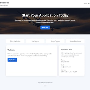 Può includere: Interfaccia di un sito web con un'intestazione scura con la silhouette di un aereo e il testo "Start Your Application Today". La pagina include sezioni per la candidatura online, la revisione rapida e l'invio sicuro, con un pulsante blu "Apply Now".