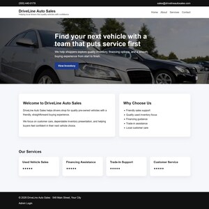 May include: A website homepage for DriveLine Auto Sales, featuring a silver car and the text "Find your next vehicle with a team that puts service first." The site offers used vehicle sales, financing assistance, and trade-in support.
